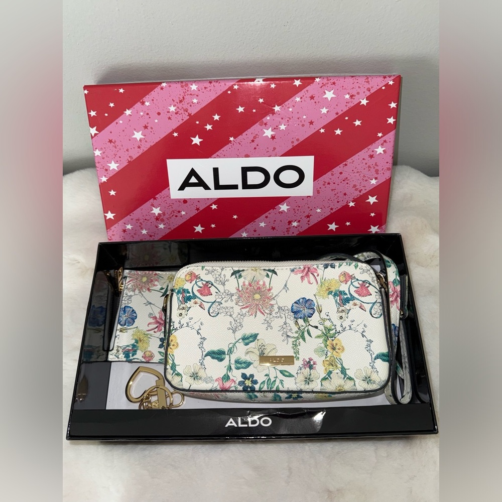 Aldo Floral Crossbody Strap 2 Side Purse Card Holder Keychain Gift Box Set
